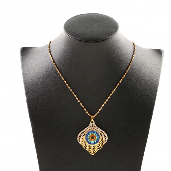 Picture of Religious Necklace Gold Plated Blue Evil Eye Multicolor Rhinestone 50cm(19 5/8") long, 1 Piece