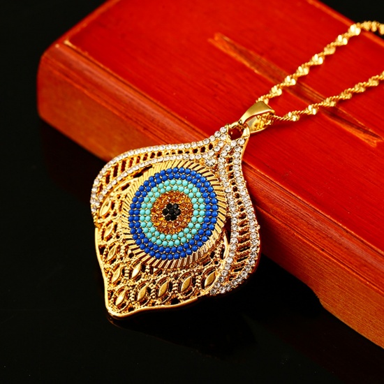 Picture of Religious Necklace Gold Plated Blue Evil Eye Multicolor Rhinestone 50cm(19 5/8") long, 1 Piece