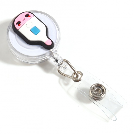Immagine di Plastica Medico Clip per Bobine Retrattili Porta Carte D'identità Termometro Tondo Bianco & Rosa 11.6cm, 1 Pz