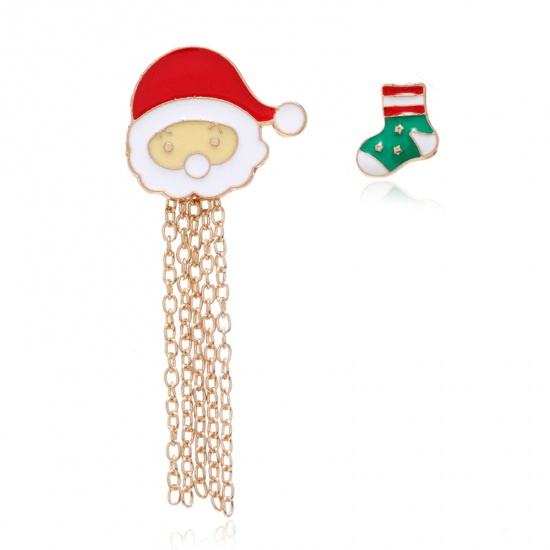 ブローチ ソックス クリスマス・サンタクロース 金メッキ エナメル 1.5cm、 1 セット （ 2 個/セット） の画像