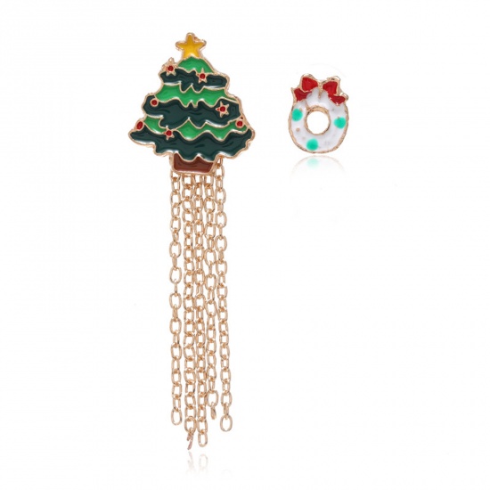 Picture of Pin Brooches Christmas Wreath Tree Gold Plated Enamel 1.5cm, 1 Set ( 2 PCs/Set)