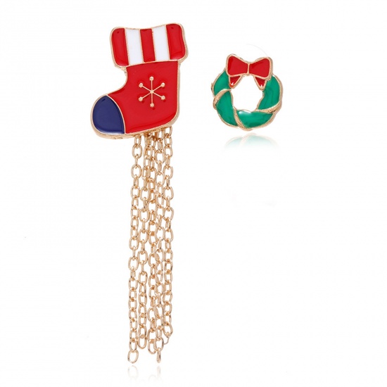 ブローチ クリスマスの靴下 花輪 金メッキ エナメル 1.5cm、 1 セット （ 2 個/セット） の画像