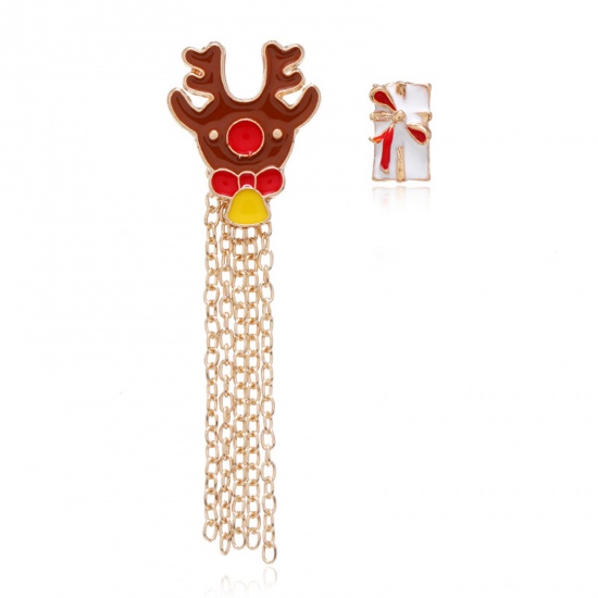 Picture of Pin Brooches Christmas Gift Box Deer Gold Plated Enamel 1.5cm, 1 Set ( 2 PCs/Set)