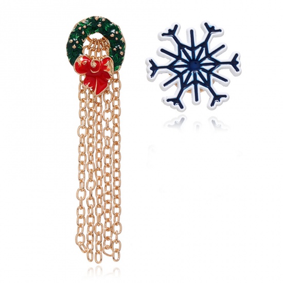 Picture of Pin Brooches Christmas Wreath Snowflake Gold Plated Enamel 1.5cm, 1 Set ( 2 PCs/Set)