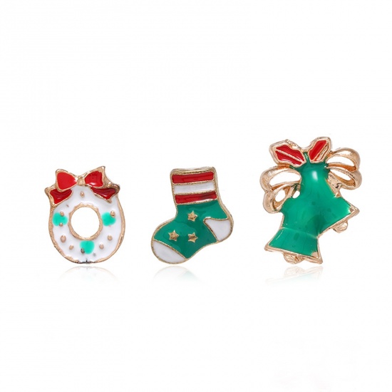 Picture of Pin Brooches Sock Christmas Wreath Gold Plated Green Enamel 1.5cm, 1 Set ( 3 PCs/Set)