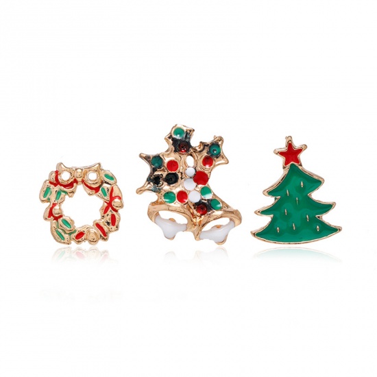 Picture of Pin Brooches Christmas Jingle Bell Tree Gold Plated Enamel 1.5cm, 1 Set ( 3 PCs/Set)