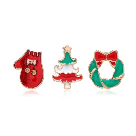 Picture of Pin Brooches Christmas Tree Glove Gold Plated Enamel 1.5cm, 1 Set ( 3 PCs/Set)