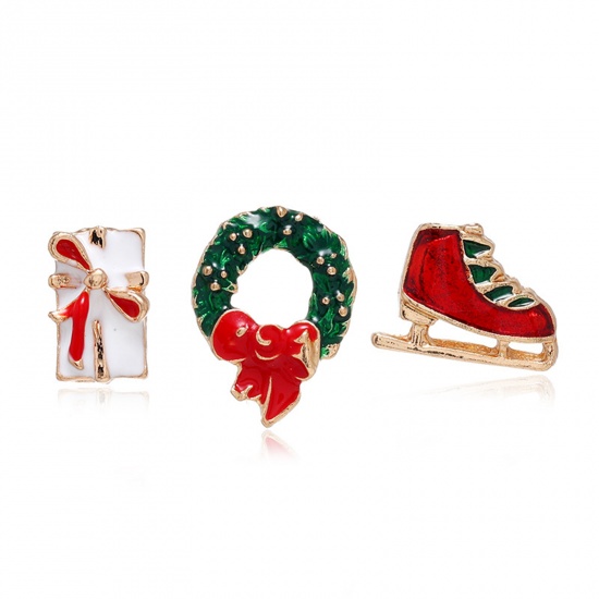Picture of Pin Brooches Christmas Gift Box Wreath Gold Plated Enamel 1.5cm, 1 Set ( 3 PCs/Set)