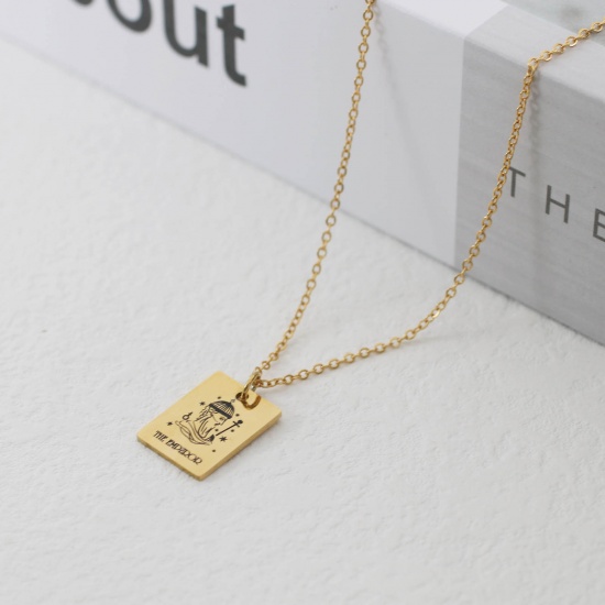 Picture of Stainless Steel Tarot Necklace Gold Plated Rectangle Message " THE EMPEROR " 40cm(15 6/8") long, 1 Piece