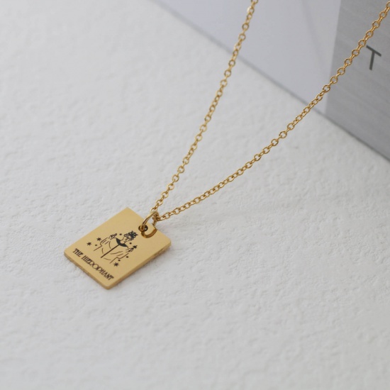Picture of Stainless Steel Tarot Necklace Gold Plated Rectangle Message " THE HIEROPHANT " 40cm(15 6/8") long, 1 Piece