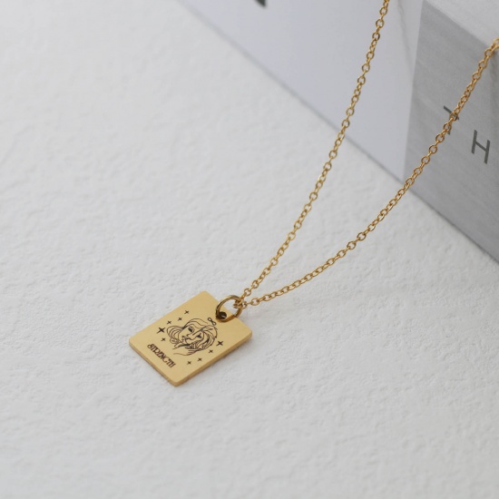 Picture of Stainless Steel Tarot Necklace Gold Plated Rectangle Message " STRENGTH " 40cm(15 6/8") long, 1 Piece