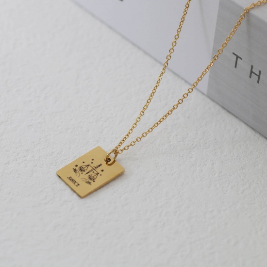 Picture of Stainless Steel Tarot Necklace Gold Plated Rectangle Message " JUSTICE " 40cm(15 6/8") long, 1 Piece