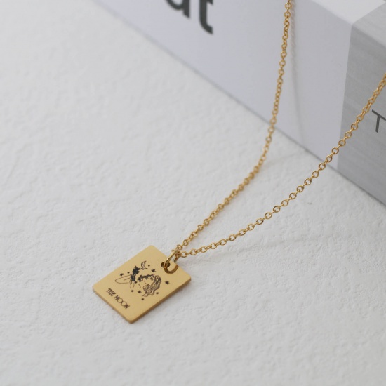 Picture of Stainless Steel Tarot Necklace Gold Plated Rectangle Message " THE MOON " 40cm(15 6/8") long, 1 Piece