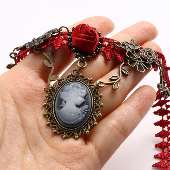 Picture of Zinc Based Alloy & Polyester Choker Necklace Antique Bronze Red Oval Head Portrait 33.8cm long, 1 Piece