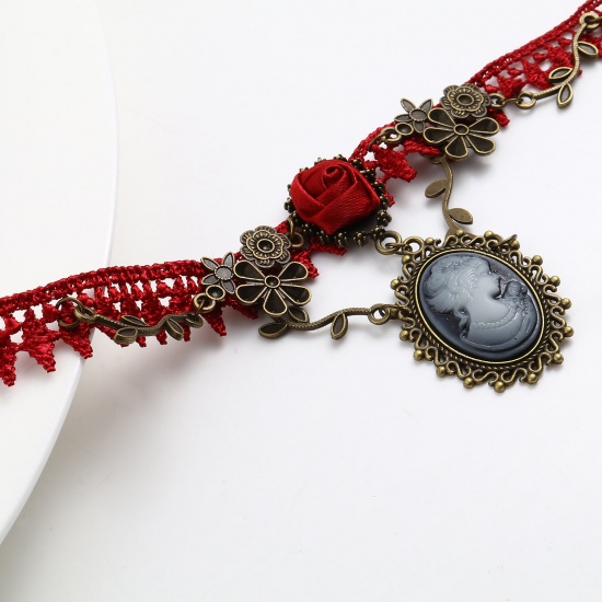 Picture of Zinc Based Alloy & Polyester Choker Necklace Antique Bronze Red Oval Head Portrait 33.8cm long, 1 Piece