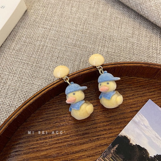 Picture of Flocking Earrings Yellow & Blue Duck Animal 30mm x 12mm, 1 Pair