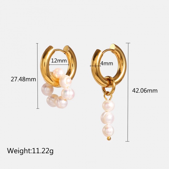 Picture of Eco-friendly Dainty Baroque 18K Gold Color White 304 Stainless Steel & Natural Pearl Baroque Asymmetric Earrings For Women Anniversary 27.5x12mm 42x12mm, 1 Pair