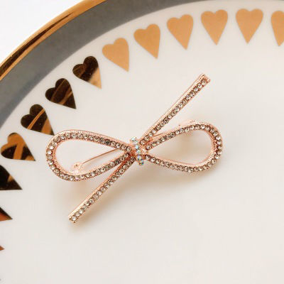 Picture of Exquisite Pin Brooches Bowknot Rose Gold Clear Rhinestone 60mm x 50mm, 1 Piece