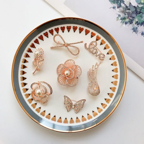 Picture of Exquisite Pin Brooches Bowknot Rose Gold Clear Rhinestone 60mm x 50mm, 1 Piece