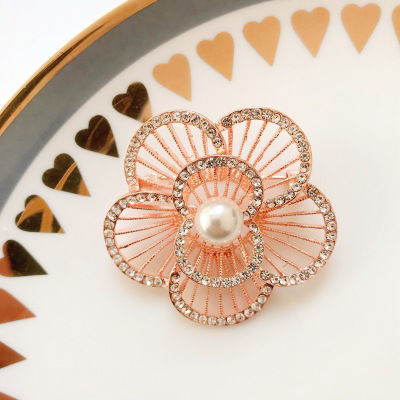 Picture of Exquisite Pin Brooches Flower Rose Gold White Imitation Pearl Clear Rhinestone 50mm x 50mm, 1 Piece