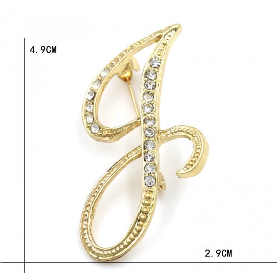 Picture of Pin Brooches Capital Alphabet/ Letter Message " J " Gold Plated Clear Rhinestone 49mm x 29mm, 1 Piece