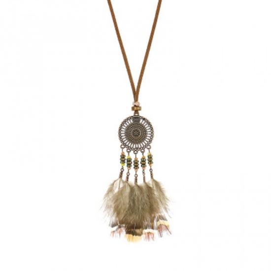 Picture of Boho Chic Bohemia Necklace Antique Bronze Brown Dream Catcher Feather Faux Suede 84cm(33 1/8") long, 1 Piece