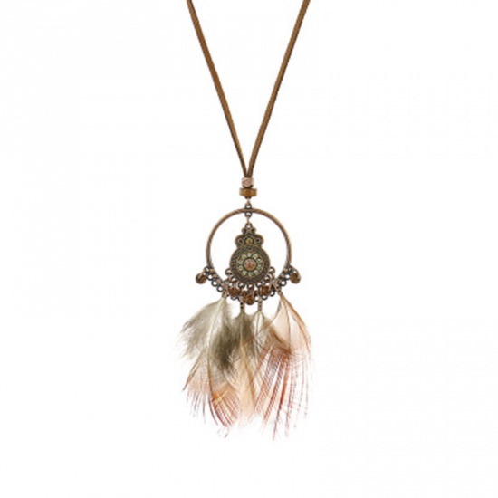Picture of Boho Chic Bohemia Necklace Antique Copper Brown Red Round Feather Faux Suede 84cm(33 1/8") long, 1 Piece