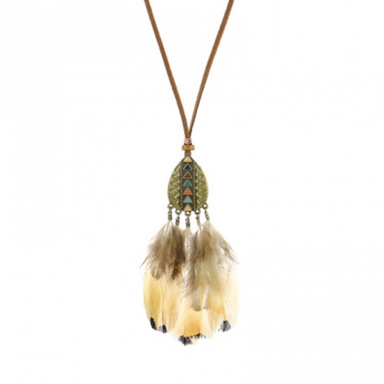 Picture of Boho Chic Bohemia Necklace Antique Bronze Brown Yellow Drop Feather Faux Suede 84cm(33 1/8") long, 1 Piece