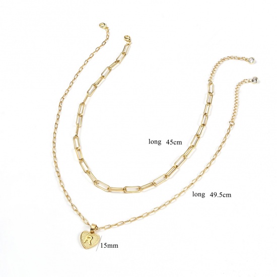 Picture of Necklace Real Gold Plated Heart Initial Alphabet/ Capital Letter Message " A " Clear Cubic Zirconia 43cm(16 7/8") 38.5cm(15 1/8") long, 1 Set ( 2 PCs/Set)