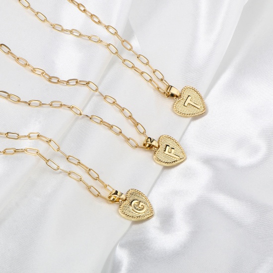 Picture of Necklace Real Gold Plated Heart Initial Alphabet/ Capital Letter Message " A " Clear Cubic Zirconia 43cm(16 7/8") 38.5cm(15 1/8") long, 1 Set ( 2 PCs/Set)