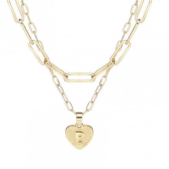 Picture of Necklace Real Gold Plated Heart Initial Alphabet/ Capital Letter Message " B " Clear Cubic Zirconia 43cm(16 7/8") 38.5cm(15 1/8") long, 1 Set ( 2 PCs/Set)