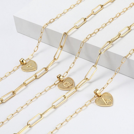 Picture of Necklace Real Gold Plated Heart Initial Alphabet/ Capital Letter Message " B " Clear Cubic Zirconia 43cm(16 7/8") 38.5cm(15 1/8") long, 1 Set ( 2 PCs/Set)