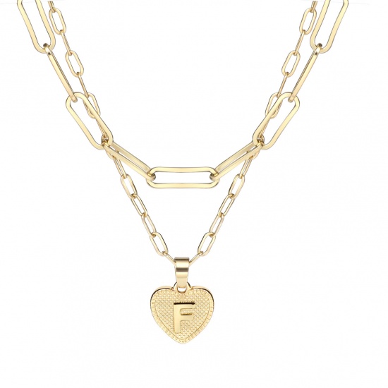 Picture of Necklace Real Gold Plated Heart Initial Alphabet/ Capital Letter Message " F " Clear Cubic Zirconia 43cm(16 7/8") 38.5cm(15 1/8") long, 1 Set ( 2 PCs/Set)