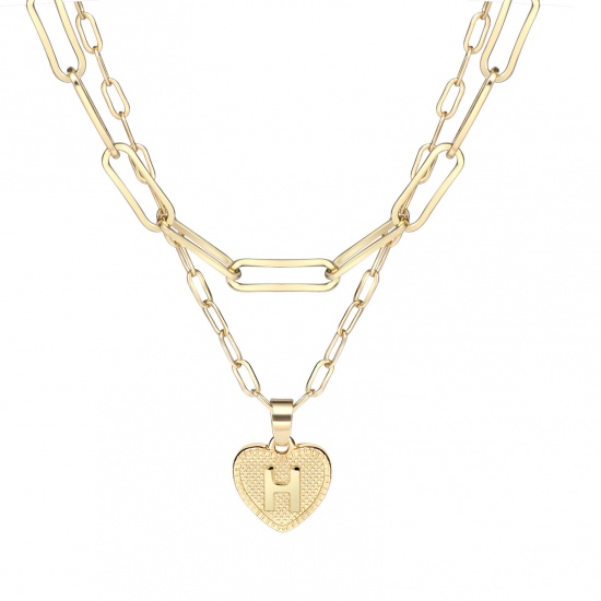 Picture of Necklace Real Gold Plated Heart Initial Alphabet/ Capital Letter Message " H " Clear Cubic Zirconia 43cm(16 7/8") 38.5cm(15 1/8") long, 1 Set ( 2 PCs/Set)