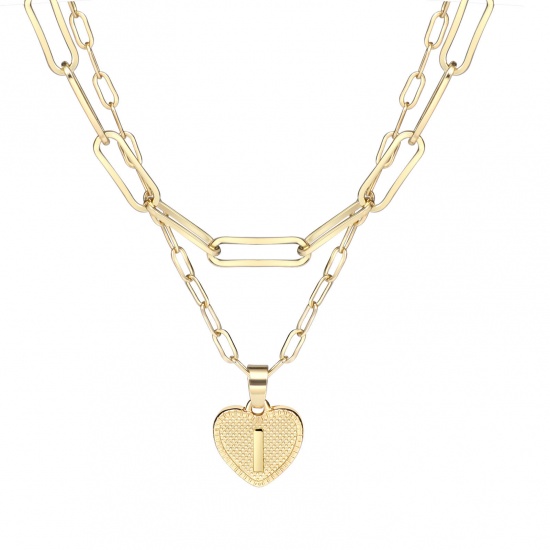 Picture of Necklace Real Gold Plated Heart Initial Alphabet/ Capital Letter Message " I " Clear Cubic Zirconia 43cm(16 7/8") 38.5cm(15 1/8") long, 1 Set ( 2 PCs/Set)