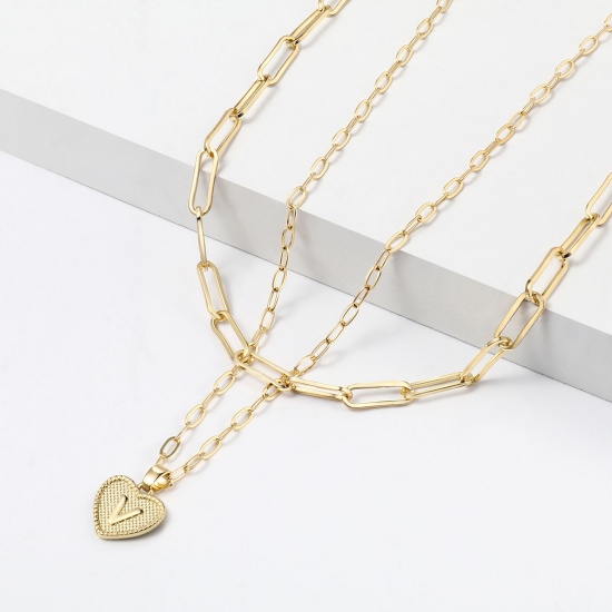Picture of Necklace Real Gold Plated Heart Initial Alphabet/ Capital Letter Message " V " Clear Cubic Zirconia 43cm(16 7/8") 38.5cm(15 1/8") long, 1 Set ( 2 PCs/Set)