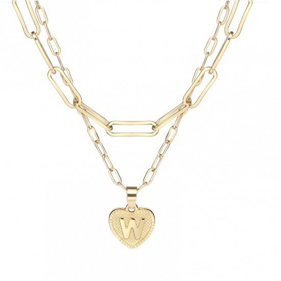 Picture of Necklace Real Gold Plated Heart Initial Alphabet/ Capital Letter Message " W " Clear Cubic Zirconia 43cm(16 7/8") 38.5cm(15 1/8") long, 1 Set ( 2 PCs/Set)