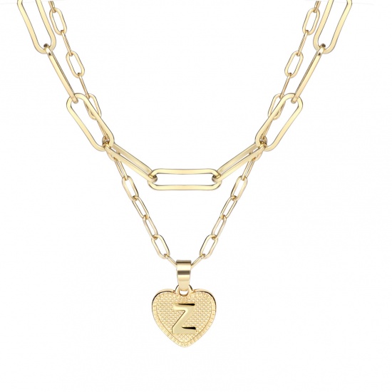 Picture of Necklace Real Gold Plated Heart Initial Alphabet/ Capital Letter Message " Z " Clear Cubic Zirconia 43cm(16 7/8") 38.5cm(15 1/8") long, 1 Set ( 2 PCs/Set)