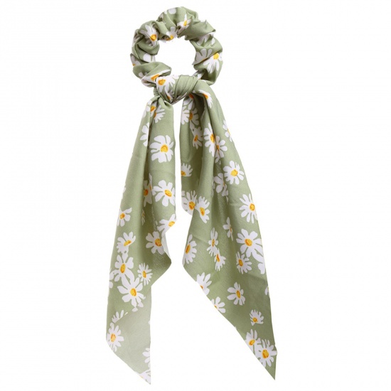 Picture of Chiffon Hair Ties Band White & Green Daisy Flower 43.5cm, 1 Piece