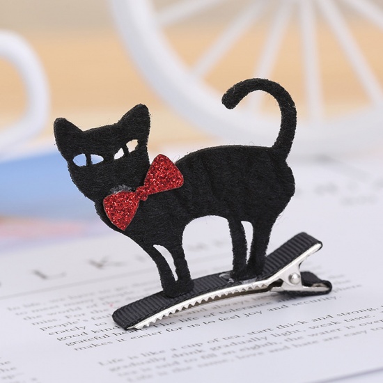 Picture of Iron Based Alloy & Fabric Halloween Hair Clips Black & Red Cat Animal 55mm x 55mm, 1 Piece