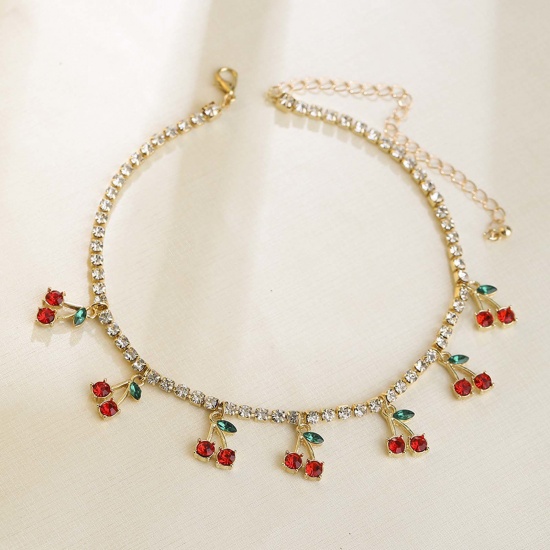 Picture of Necklace Gold Plated Cherry Fruit Clear & Red Rhinestone 1 Piece