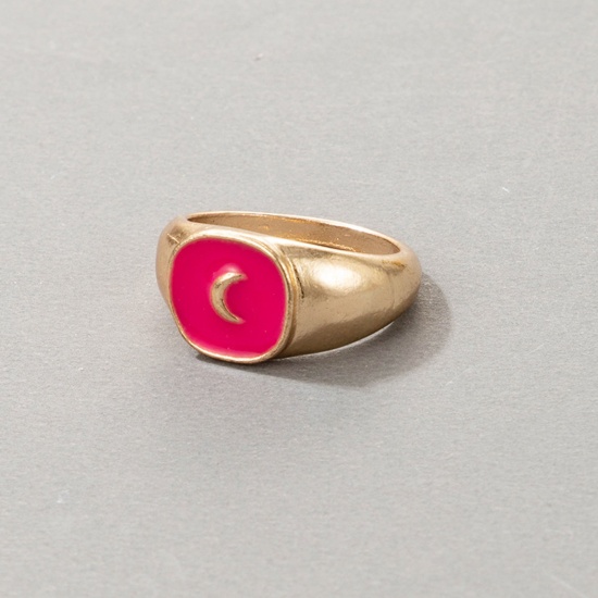 Picture of Unadjustable Rings Gold Plated Fuchsia Enamel Moon 17mm(US Size 6.5), 2 PCs