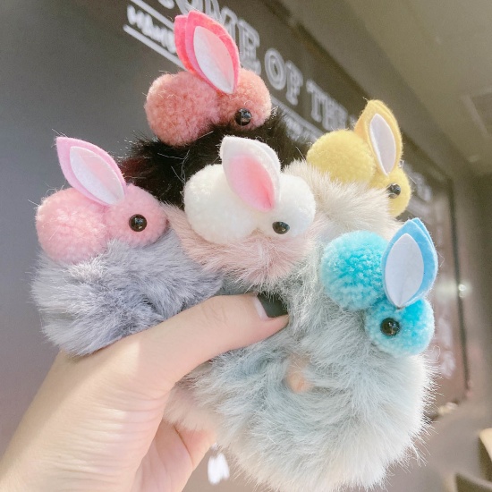 Picture of Plush Hair Ties Band At Random Color Mixed Round Rabbit 5cm Dia., 5 PCs
