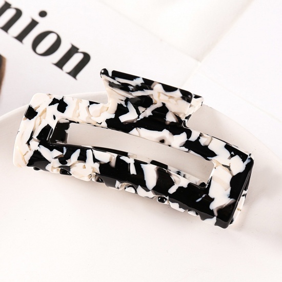 Picture of Acetic Acid Resin Acetate Acrylic Acetimar Marble Hair Claw Clips Clamps Black & White Rectangle 8.1cm x 3.9cm, 1 Piece