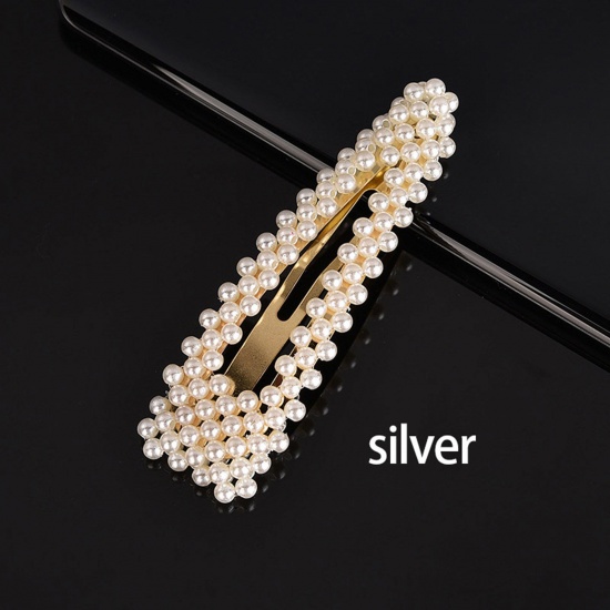 Picture of Zinc Based Alloy & Acrylic Hair Clips Silver Tone White Drop Imitation Pearl 9cm, 1 Piece
