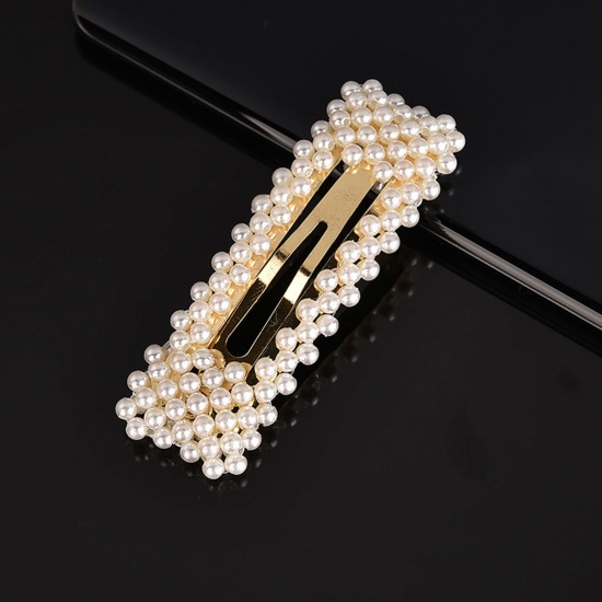 Picture of Zinc Based Alloy & Acrylic Hair Clips Gold Plated White Rectangle Imitation Pearl 8cm, 1 Piece