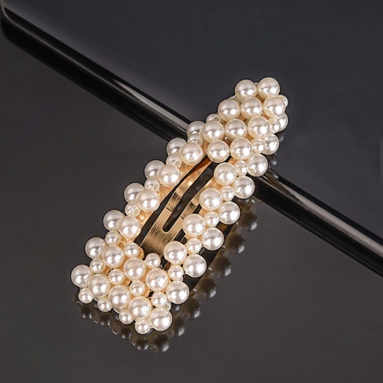 亜鉛合金+アクリル ヘアクリップ ヘアアクセサリー 金メッキ 白 真珠 パール模造 9cm、 1 個 の画像
