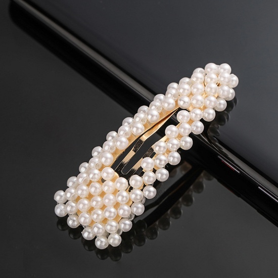 Picture of Zinc Based Alloy & Acrylic Hair Clips Gold Plated White Drop Imitation Pearl 8cm, 1 Piece