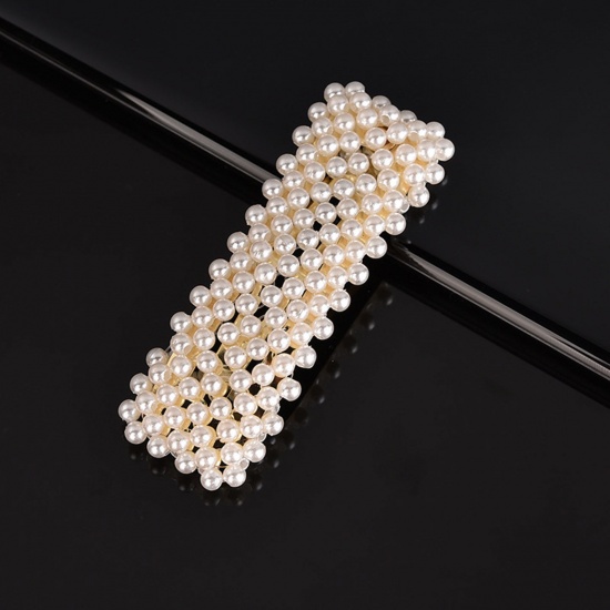 亜鉛合金+アクリル ヘアクリップ ヘアアクセサリー 金メッキ 白 長方形 真珠 パール模造 8cm、 1 個 の画像