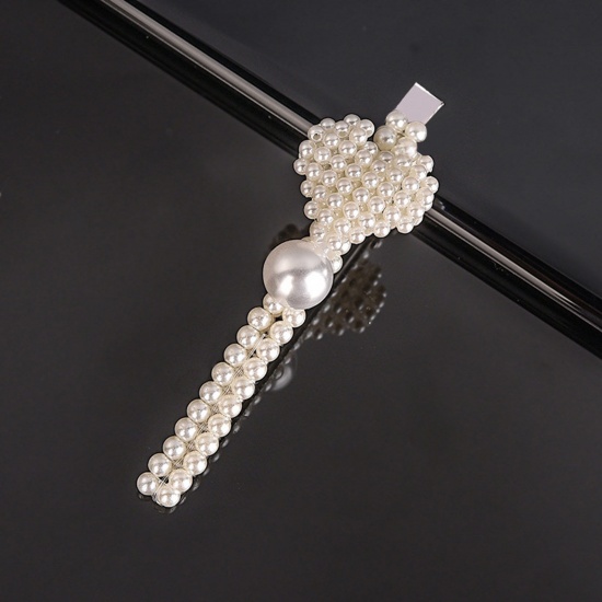 Picture of Zinc Based Alloy & Acrylic Hair Clips Gold Plated White Heart Imitation Pearl 8cm, 1 Piece